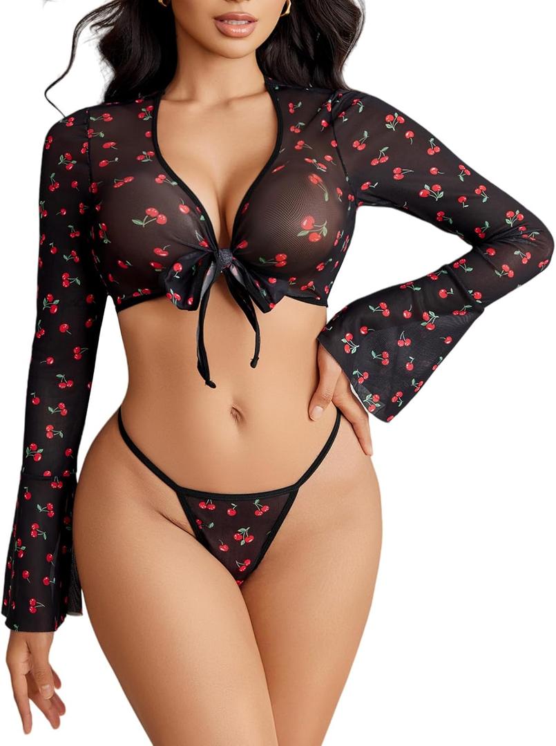 Avidlove Lingerie Sets for Women Sexy Going Out Sheer Top Long Sleeve Mesh Crop Tops See Through Bell Sleeves Top (XX-Large, A Cherry Print)