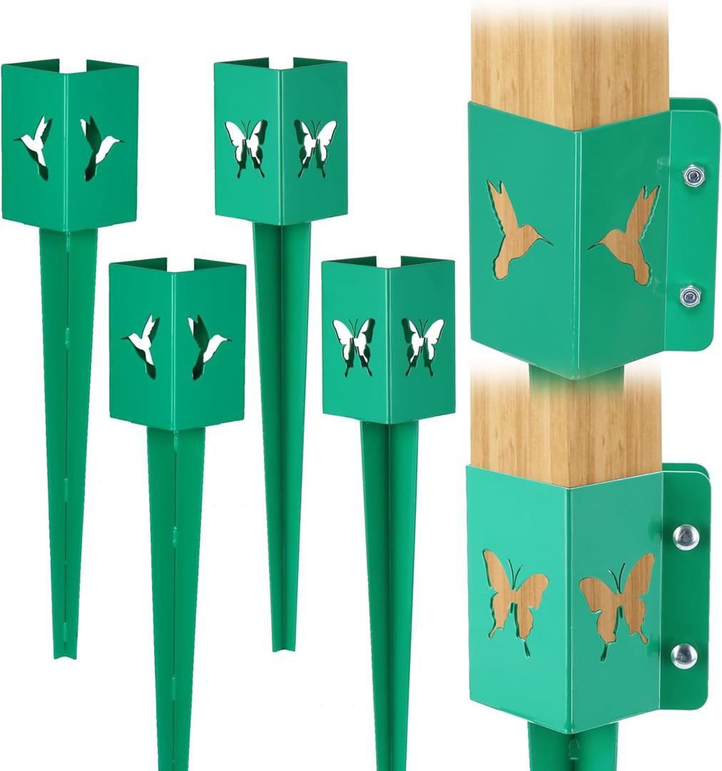4x4 Fence Post Anchor Ground Spike - Metal Post Stake 24inch, Powder Coated Post Base for Mailbox, Pergola, Gazebo, Deck Railing, Bird Feeder (Inner Diameter 3.6 x3.6 Inch) (Butterfly with Bird)