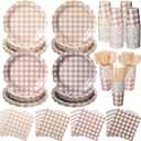 Yaomiao 168 Pcs Gingham Plates and Napkins Beige Plaid Disposable Dinnerware Sets Brown Gingham Plates Cups Napkin Knife Fork Spoon Serve 25 Guests for Wedding Baby Shower Birthday Party Supplies