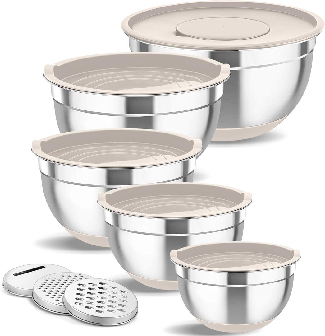 TeamFar Mixing Bowls, 5PCS Stainless Steel Nesting Salad Bowl with Lid & 3 Grater Attachments, for Prepping/Serving/Storing Food, Nontoxic, Airtight Lid & Non-slip Bottom - 4.6/3.5/2.5/1.5/1 QT (Khaki)