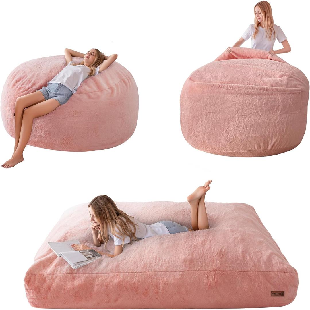 MAXYOYO Giant Bean Bag Chair Bed, Convertible Beanbag Folds from Lazy Chair to Floor Mattress Bed, Big Sofa Bed, High-Density Foam Filling, Machine Washable (Queen, Pink)