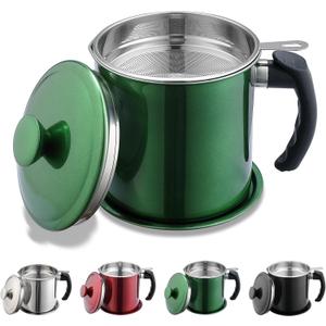 Kyraton Bacon Grease Container With Strainer, 48 oz Metal Shining Green Coating Oil Container, Pot Fat Storage With Lid, Easy Grip Handle Suitable For Storing Frying Oil And Cooking Grease