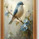 Wojuin Framed Vintage Blue Bird Floral on Branch Canvas Wall Art 16x24 inch | Gold frame, UV-resistant ink, Gicle printing process, Pre-installed hooks make it easy to hang home or office wall decor