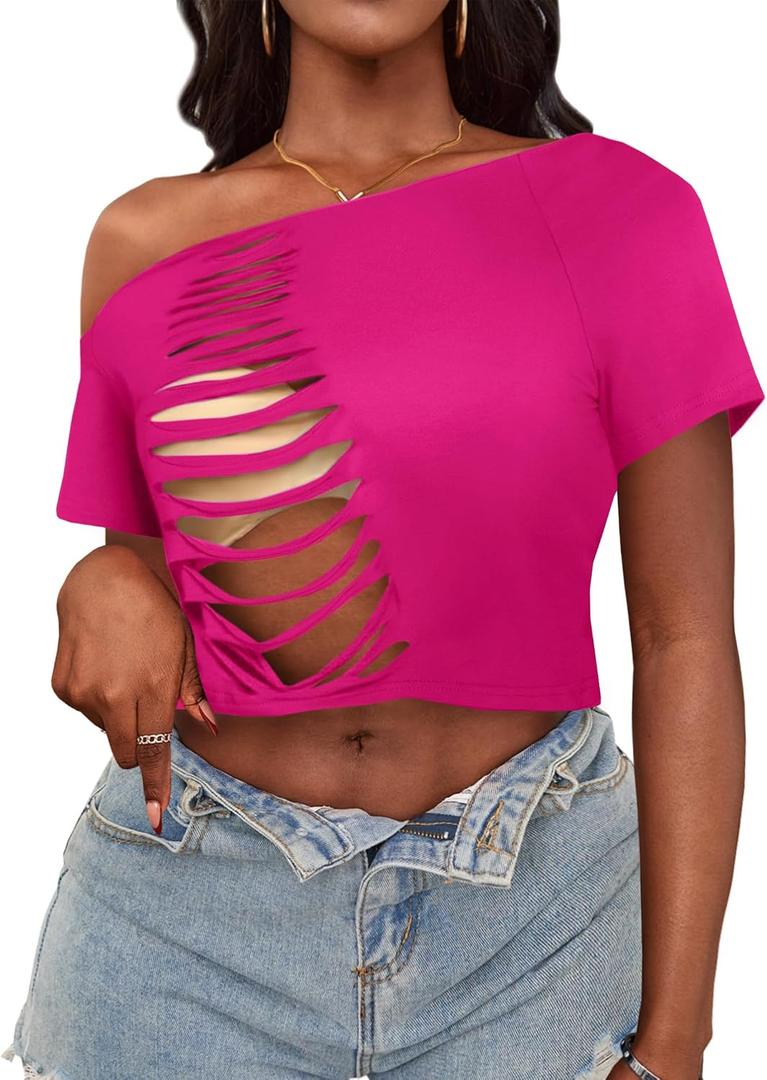 LovelyWholesale Womens Off The Shoulder Crop Tops Sexy Cut Out Ripped Short Sleeve T Shirts Hot Pink Small (Pink, S)