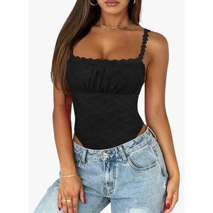 Saslax Women's Sexy Square Neck Lace Sleeveless Bodysuit Tank Tops Double Lined Body Suit Thong Outfits, L Saslax Women's Sexy Square Neck Lace Sleeveless Bodysuit Tank Tops Double Lined Body Suit Thong Outfits, L