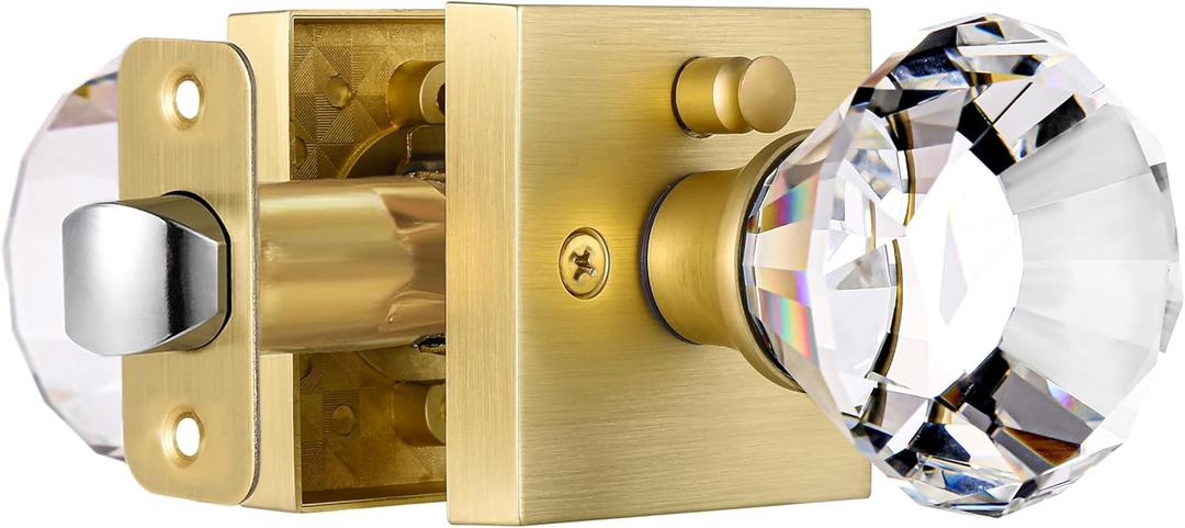 Square Glass Crystal Door Knobs Interior, Bedroom and Bathroom Privacy Satin Brass Gold Door Knobs with Lock, Diamond Shape Keyless
