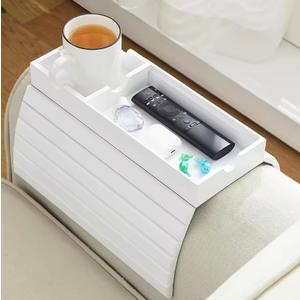 Sofa Arm Tray, Bamboo Large Couch Cup Holder with Hidden Storage, Sofa Armrest Tray Portable Anti-Spill Beverage Snack Remote Holder (White)