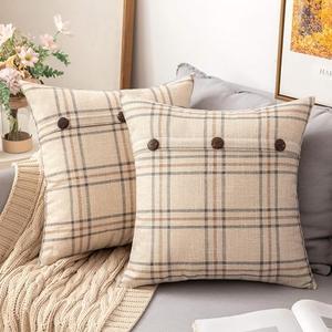 MIULEE Christmas Set of 2 Decorative Linen Throw Pillow Covers Triple Button Pillowcases Farmhouse Retro Plaid Cushion Cases for Couch Sofa Bed 20x20 Inch Cream