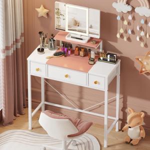 Small Makeup Vanity Desk 27.5''W with Mirror and Lights, Vanity Desk with 3 Fabric Drawers and Height-Adjustable Stand, Vanity Table for Girls Gifts, Bedroom and Small Spaces, White&Pink
