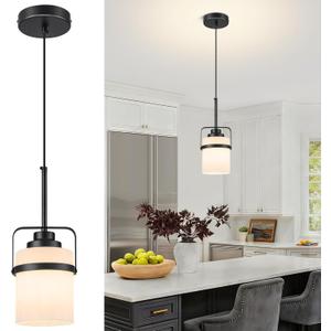 Modern Black Pendant Lights Kitchen Island Light, Adjustable Hanging Light Fixture with Milk Glass Shade, Farmhouse Pendant Light for Dining Room Bar Over Sink/Table/Counter, 1 Pack