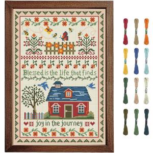FREEBLOSS Cross Stitch Wall Hanging Kits Stamped Embroidery Starter Kits Pre Printed Stitches Practice Kit with Instructions for Beginners Cross Stitching Decor Joy in The Journey