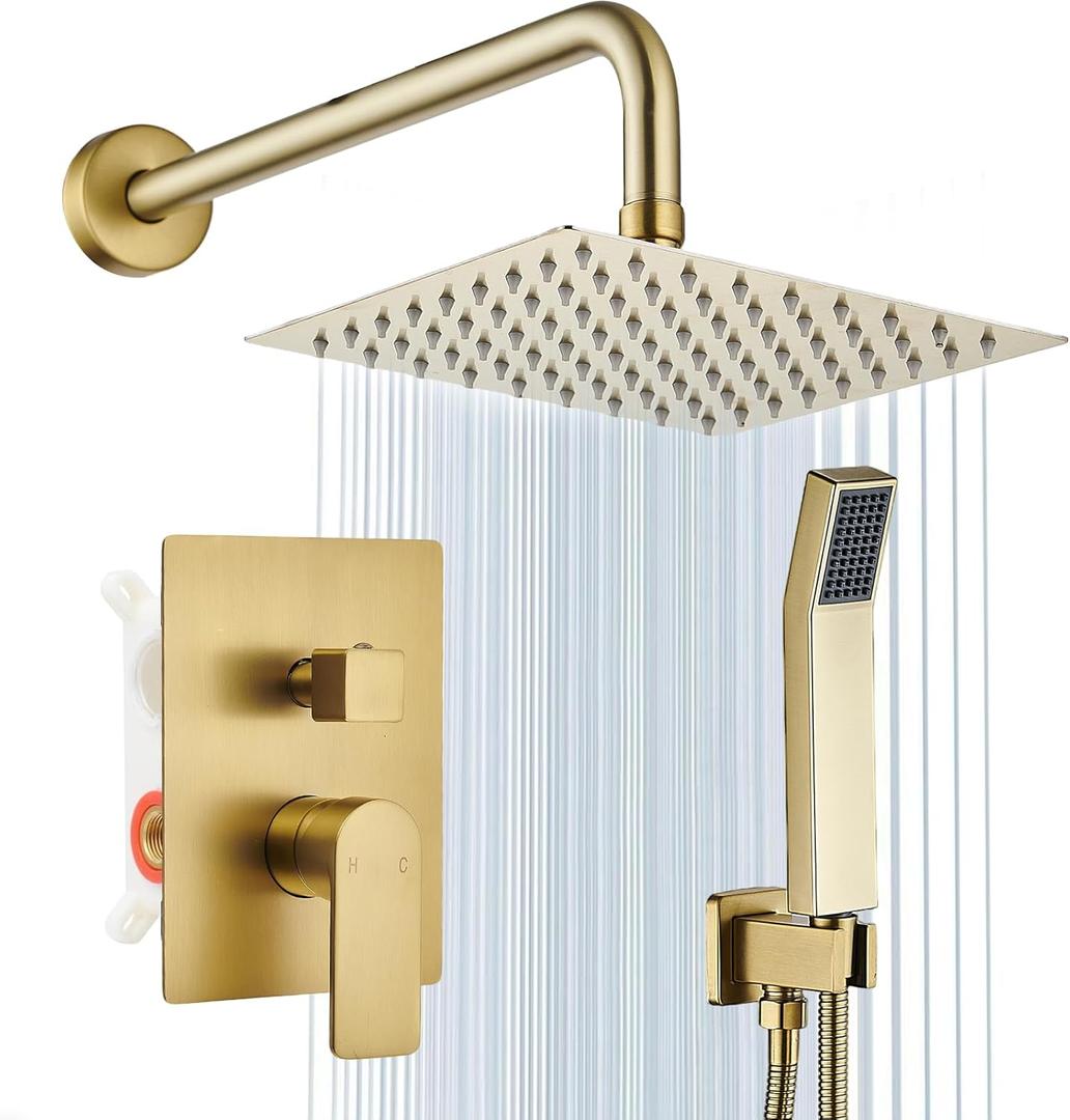 Shower Faucet Set Brushed Gold Shower System Knob Switch Diverter with High Pressure Handheld Spray Wall Mount 8 Inch Shower Head