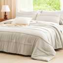 CozyLux Queen Comforter Set Beige, 7 Pieces Soft Pinch Pleat Bed in a Bag Queen Comforter Set with Sheets, Boho Bed Set with Down Alternative Comforter, Sheets, Pillowcases & Shams