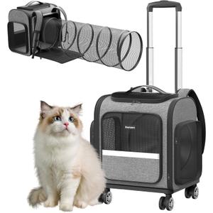 Rolling Cat Carrier with Wheels: Dog Carrier for Small Dogs & Large Cats, Expandable Pet Carrier on Wheels with Cat Play Tunnel, Large Capacity, Breathable Mesh, Side Pocket, Grey (Grey with wheels)