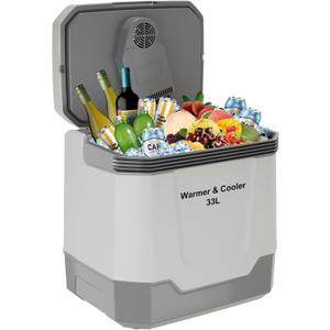 35 QT (33 L) Electric Cooler & Warmer, Portable Car Refrigerator With Automatic Locking Handle, 12V Car Cooler for Vehicle & Trucks, 110V AC Home Power Cord, Plug In Coolers, Grey