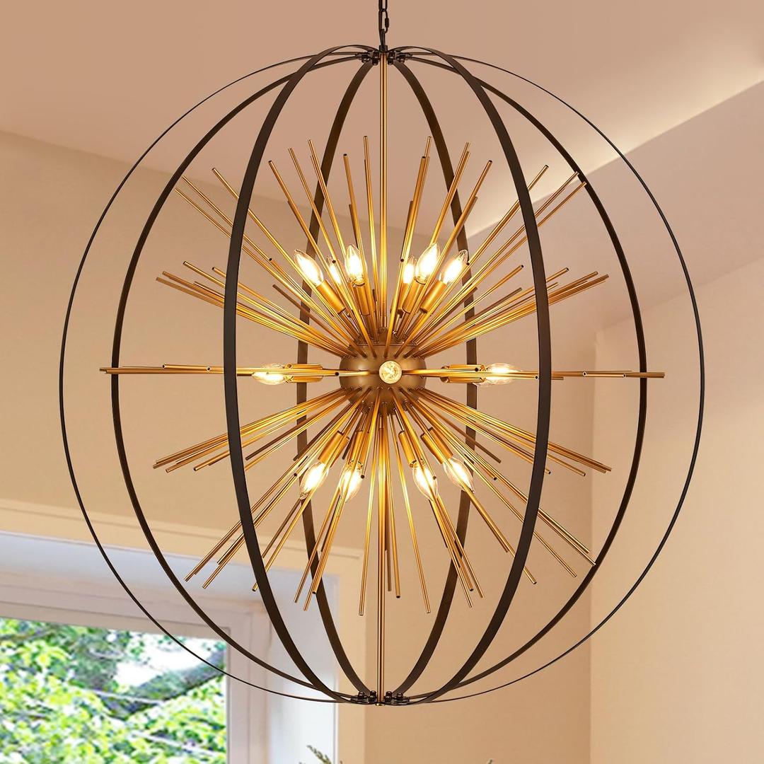 43.3" Black Gold Large Globe Sputnik Chandelier, 18-Light Mid Century Modern Starburst Golden Solid Metal Satellite Light Fixture for High Ceiling Living Room Dining Room Stairway, E12, Globe D43"