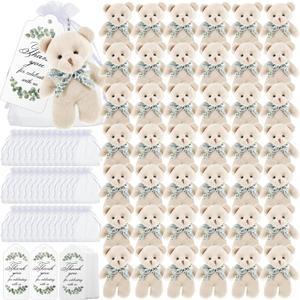 Wettarn 50 Sets Small Tiny Plush Bear Bulk 4.72 Inch Mini Stuffed Animals Small Bear Party Favors with Thank You Tags and Mesh Bags for DIY Keychain Birthday (White)