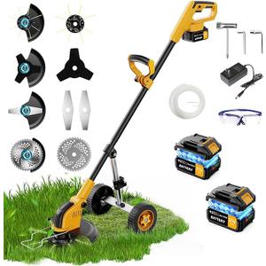 12-inch Electric Weed Wacker Cordless on Wheels, 21V 2 * 3000mAh Weed Eater Battery Powered, Cordless String Trimmer with Brushless Motor, Grass Trimmer and Brush Cutter with 4 Types of Blades for Lawn (Yellow)