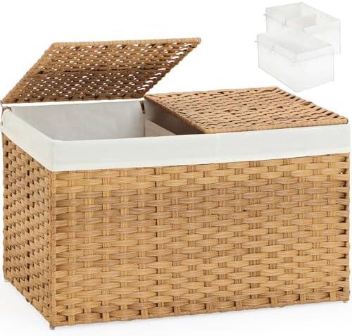 SETVSON Storage Basket with Lid Wicker Baskets for Storage with 2 Separate Lid 42.3 Gallon (160 L) 29.9 x 17.3 x 18.1 Inches Rattan Woven Large Wicker Basket with 2 Liners for Bedroom Laundry Natural