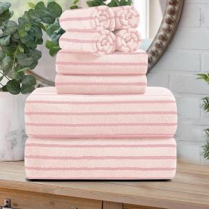 Oliven 8 Pcs Pink Cabana Stripe Large Bath Towels Set Oversized Bath Sheet-2 Bathroom Towels,2 Hand Towels,4 Washcloths Soft Jumbo Absorbent Shower Towel Quick Dry Beach Chair Towel Spa Gym Hotel