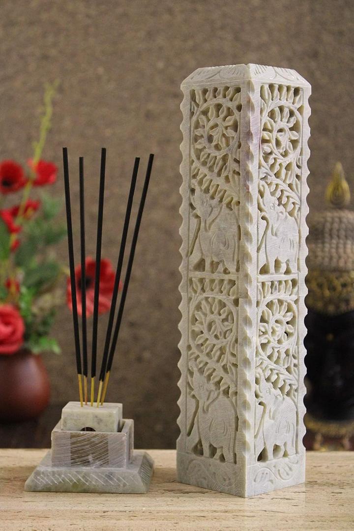 Handmade Carving Soapstone Incense Stick Tower Holder | Incense Stick Tower Burner Holder Spa Aromatherapy Home Office Fragrance Accessories Home Office Decor - (10 X 3 Inches)