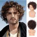 Swiking Mens Short Brown Curly Wig Fluffy with Bang Layered Halloween Costume Hair Party Cosplay Wigs for Male (Brown)