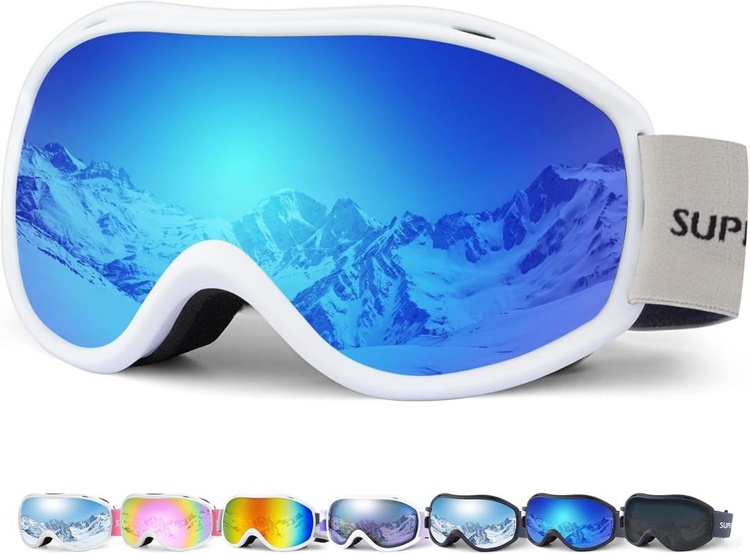 Supertrip Ski Goggles Men Women Anti-Fog Snow Goggles UV Protection Snowboard Goggles for Adult Youth (White Frame/Blue Lens(vlt 12%))