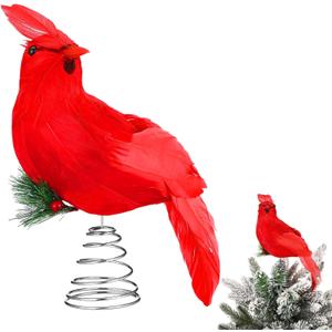 Shappy 7.1'' Cardinal Christmas Tree Topper Red Cardinal Tree Decoration Red Bird Feathered Treetop Xmas Ornaments for Holiday Party Decorations