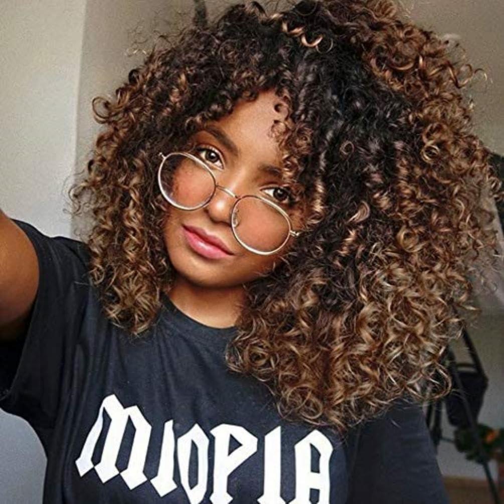 YEAME Curly Wigs for Black Women - Curly Afro Wig with Bangs Ombre Brown Mixed Color Synthetic Heat Resistant Full Wigs with 1 Wig Comb and 4pcs Wig Caps
