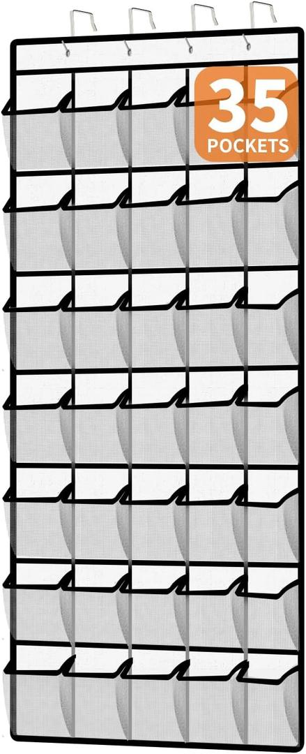 35-Pocket Over the Door Shoe Organizer - Large Mesh Hanging Shoe Rack for Closet, Dorm & Bathroom, HeavyDuty Storage Holder with 4 Metal Hooks, Space Saving Shoe Organizer