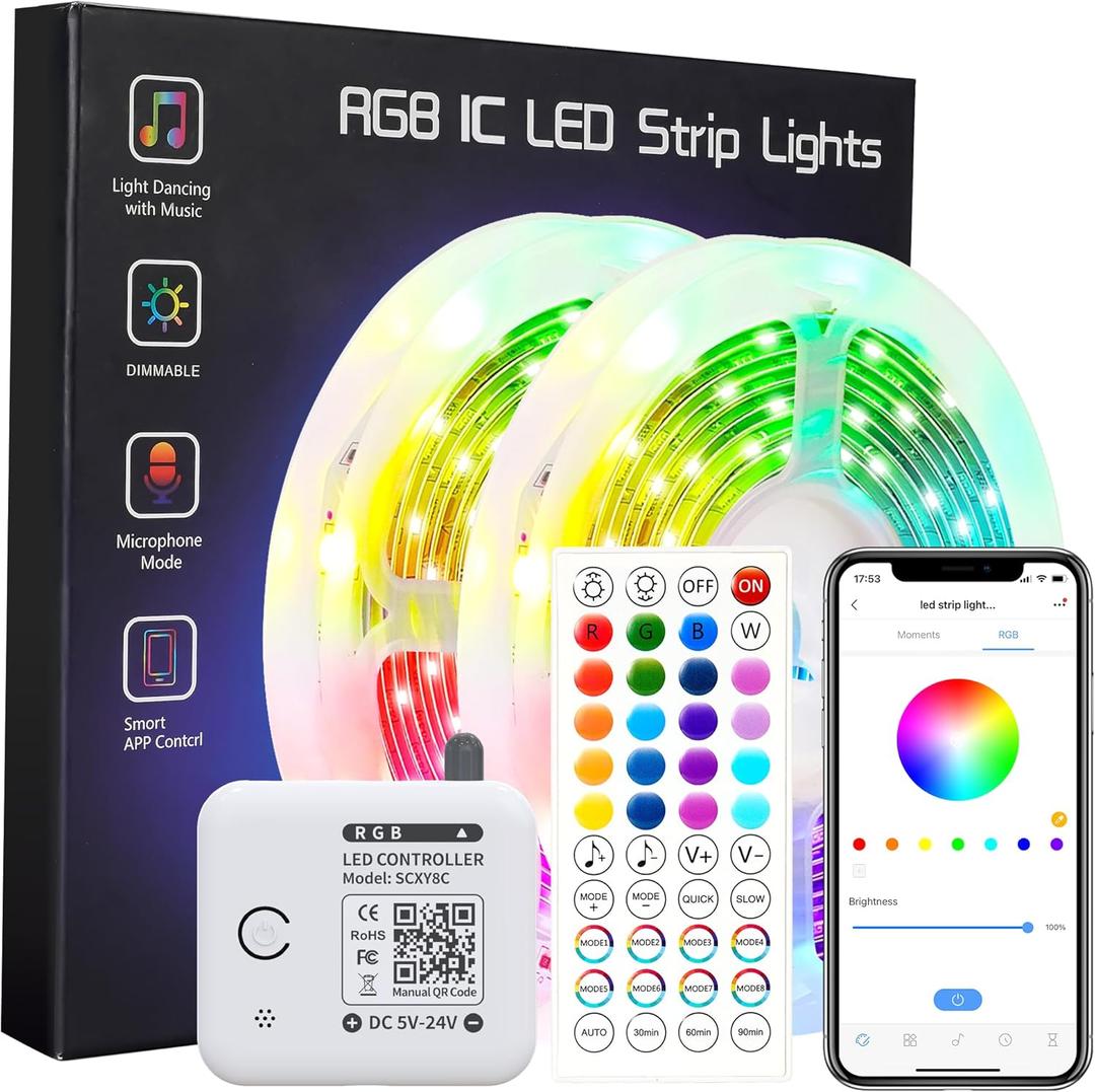 Led Lights for Bedroom 65.6ft Music Sync Color Changing Strip Lights with Remote and App Double Control RGB Led Strip Light, for Room Home Brithday Party Decoration