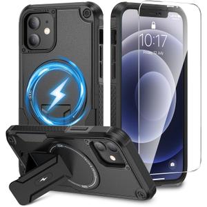 Caka for iPhone 12 Case & iPhone 12 Pro Case [Compatible with MagSafe][HD Screen Protector], Built in Invisible Stand, Magnetic Shockproof Protective iPhone 12/12 Pro Phone Case-6.1 inch (Black)