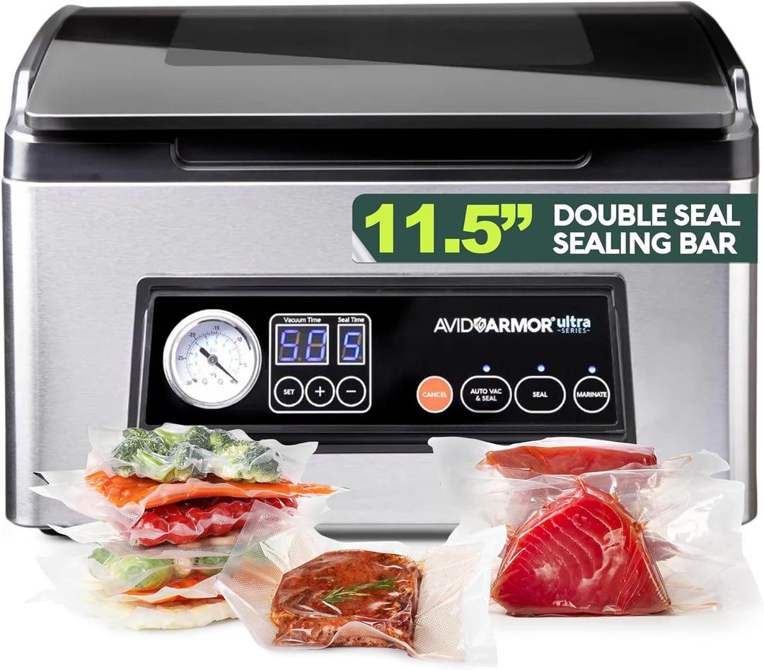 Avid Armor USV32 Chamber Vacuum Sealer Machine – 11.5" Sealing Bar, Glass Lid, Seal Meats, Soups, Sauces & Liquids, Marinate in Minutes, Sous Vide Ready, Accessory Hose Included, Stainless Steel