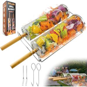 Nesting Grill Baskets 2PCS, Removable Wooden Handle & Large Stand, 304 Stainless Steel Grill Roller Basket, Rolling Grilling Net, Rolling Grill Baskets for Outdoor Grill, Portable Grill Vegetables, Fish, Shrimp, Meat, Fries, Gift for Men (Big Stand Set)