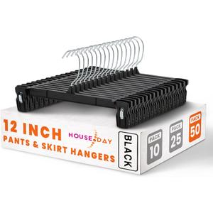 HOUSE DAY Black Pants Hangers 50 Pack, 12 Inch Skirt Hangers with Non-Slip Big Clips and 360 Swivel Hook, Heavy Duty Slim Plastic Pant Hanger, Space Saving Clip Hanger for Pants, Skirts, Shorts