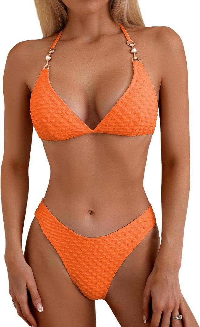 swimall Women's Triangle Bikini Set Cheeky High Cut Sexy Two Piece Swimsuit Cute Halter Bathing Suit (Medium, Orange)