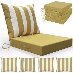 LAGRATY Outdoor Chair Cushions for Patio Furniture24" x 24" Deep Seat Cushions with Backrest for Couch Sofa Chair - Waterproof Fade-Resistant Patio Cushion (Set of 4,Khaki and White)