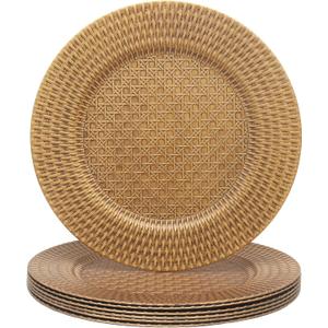 13 Inch Antique Gold Charger Plates Set of 6 Round Plastic Plates Matte Finish Faux Rattan Woven Texture Charger plates for Wedding Party Christmas (537)
