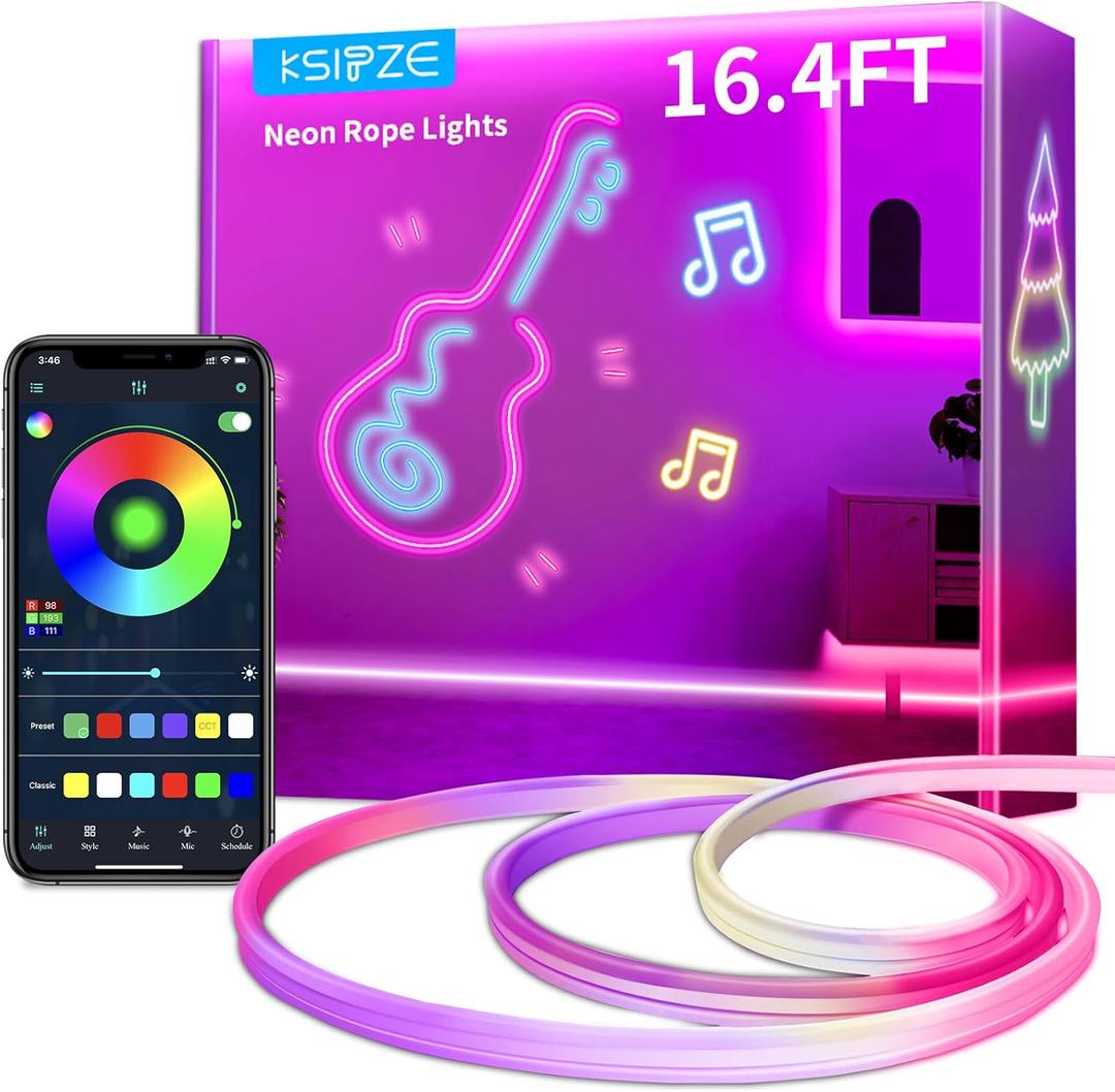 KSIPZE LED Neon Rope Lights,Flexible Rope Lights App Control with Music Sync,DIY Design,Outdoor Waterproof LED Strip Lights for Gaming, Bedroom Living Room Wall Indoor Decor (16.4ft)