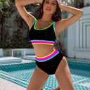 BMJL Women's High Waisted Bikini Sets Sporty Two Piece Swimsuits Color Block Cheeky High Cut Bathing Suits, Medium