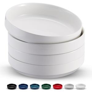 KooK Pasta Bowl, Bowl Plate, Low Bowl, Plate Bowls, Ceramic Large Shallow Bowls, Microwave and Dishwasher Safe, Great for Soups and Salads, Glossy Porcelain, 47 oz, Set of 4, White