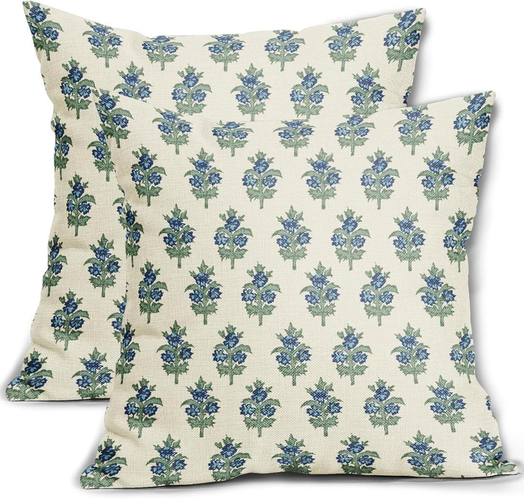 Sage Green Blue Floral Block Print Pillow Covers 18x18 Set of 2 Spring Flower Pattern Decorative Throw Pillowcases Outdoor Rustic Farmhouse Square Cushion Cases Decor for Home Couch Sofa Bed