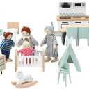 Giant bean 36pcs Wooden Dollhouse Furniture Set 5 Rooms 4 Family Dolls, Wood and Plastic Blue Dollhouse Accessories, Pretend Play Furniture Toys Christmas Birthday Gift for Boys Girls Kids Toddlers 3+