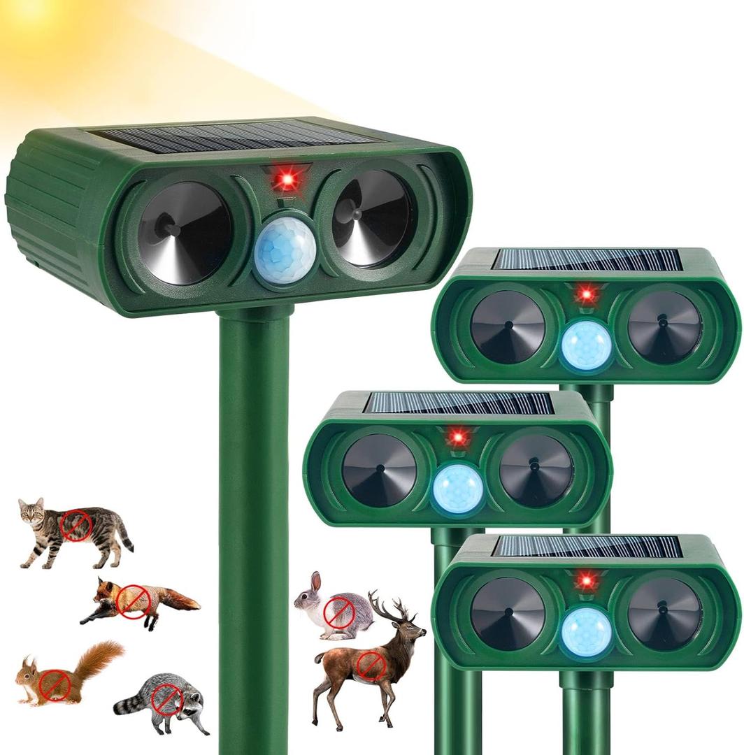 Ultrasonic Animal Repeller Outdoor Solar Deer Repellent Devices Waterproof, Motion Activated Animal Deterrent Devices to Scare Cat Squirrel Rabbit Raccoon Skunk for Yard Garden,4 Pack