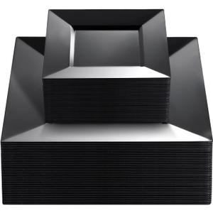 Liacere100PCS Black Plastic Plates-Premium Black Square Disposable Plates-Include 50PCS 9.5inch Black Dinner Plates - 50PCS 6inch Black Dessert Plates for Party&New Year&Father's Day