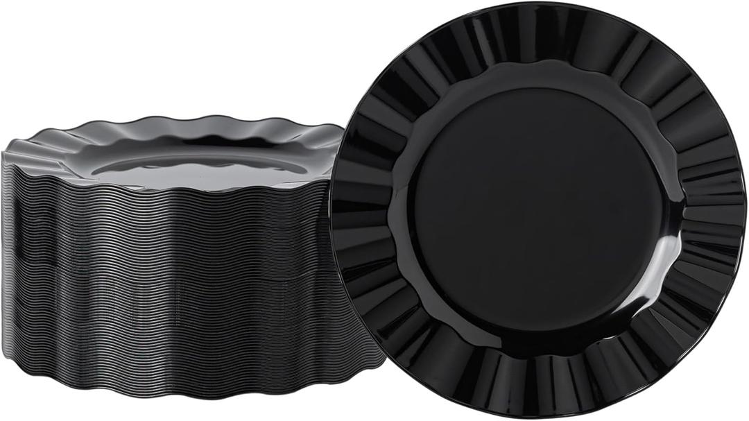 72 Pack Black Plastic Plates, 7" Disposable Wave Edge Salad/Dessert Plates Elegant Heavy Duty Plate for Party, Wedding, Thanksgiving, Christmas