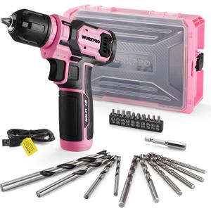 WORKPRO Pink Power Drill Set and Stackable Tool Box, 8V Cordless Drill Driver with Bit Set, 2.0Ah Electric Cordless Screwdriver Kit with 3/8" Keyless Chuck, For Home DIY- Pink Ribbon