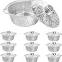 Frcctre 10 Pcs Disposable Aluminum Pot with LidS, Disposable 2 Liter Round Aluminum Foil Pan Food Container for Camping Vacation Trips Picnic Heating Cooking