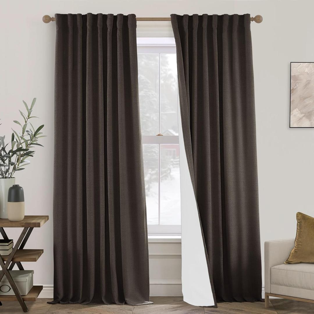 Brown Blackout Curtains 2 Panels,Room Darkening Thermal Dark Academia Primitive Linen Black Out Curtain Drapes 84 Inches Long for Living Room Bedroom, 52 Wide by 84 Inch Length, Coffee Chocolate Brown