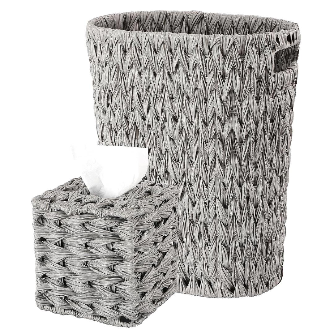 BSSN Wicker Trash Can and Square Tissue Box Cover, 4 Gallon Water Hyacinth Bathroom Trash Can, Handwoven Napkin Holder, Narrow Small Waste Basket, Rustic Decorative Home Set for Bedroom,Office (Grey)